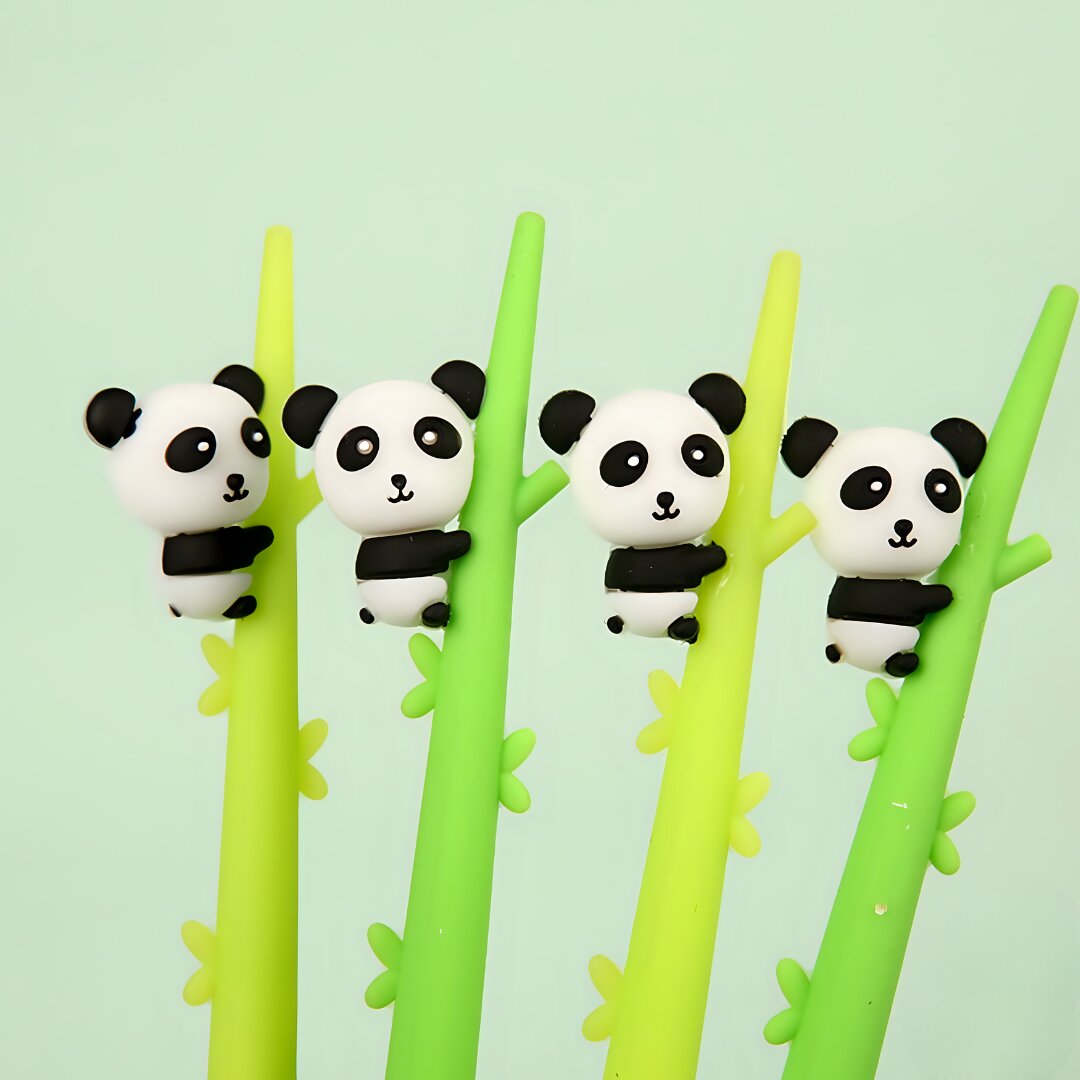 CUTE BABY PANDA TOPPERS ON BAMBOO DESIGN SOFT SILICONE FLEXIBLE GEL PEN