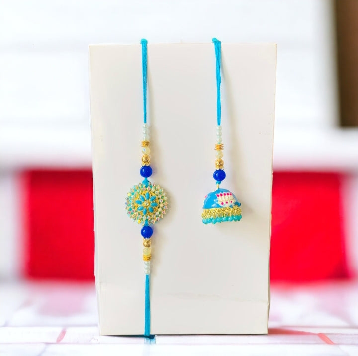 Handcrafted Blue Pearls Bhaiya-Bhabhi Minakari Rakhi-Lumba Set