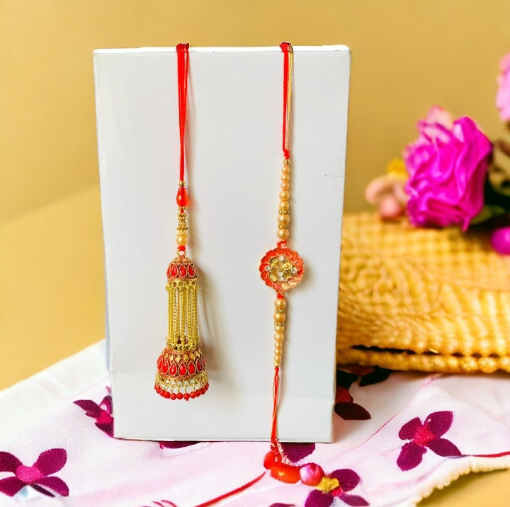 Floral Kundan and Pearl Bhaiya-Bhabhi Rakhi Set