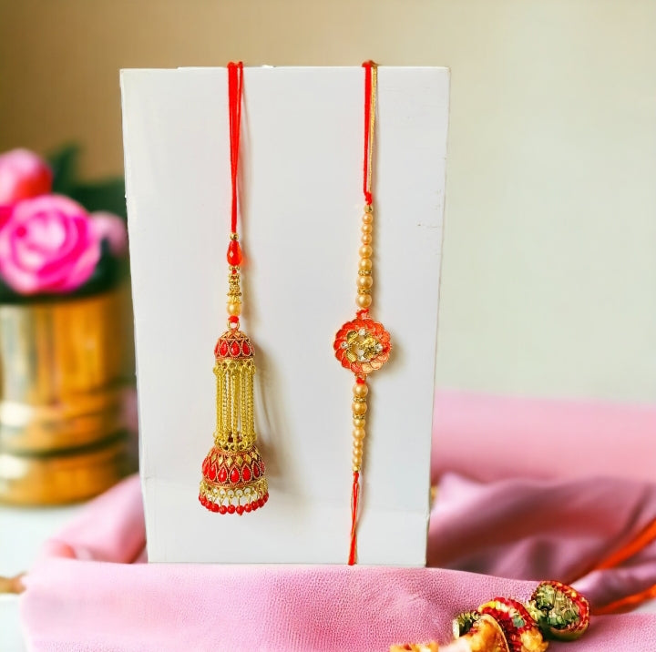 Floral Kundan and Pearl Bhaiya-Bhabhi Rakhi Set