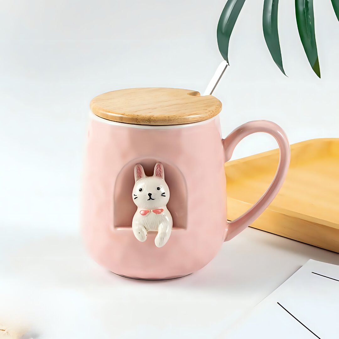 Cute Animals Relief Ceramic Mug With Lid And Spoon