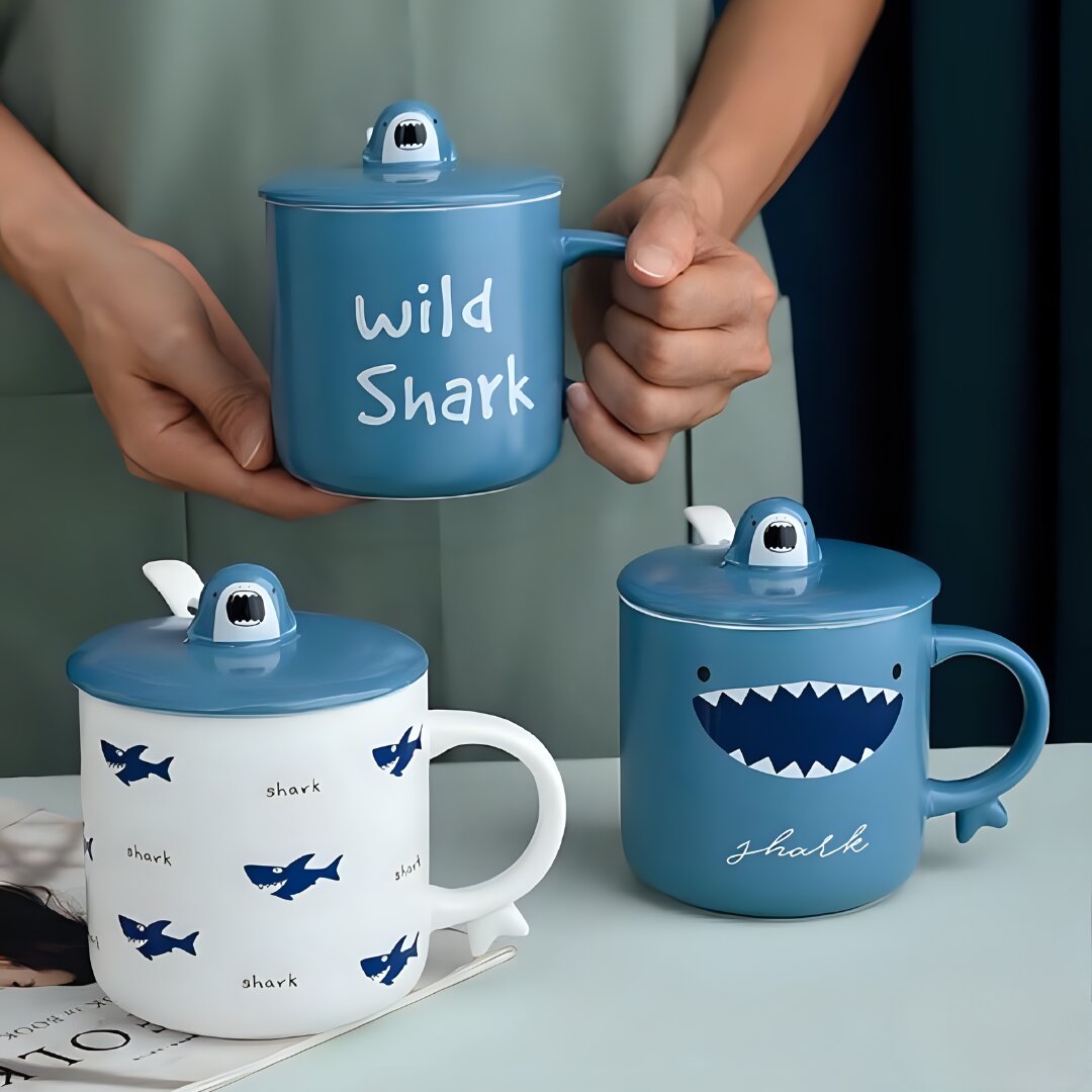 Cartoon Shark Themed Ceramic Mug With Lid