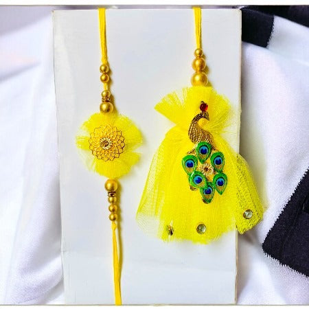 Fancy Vibrant Yellow Bhaiya-Bhabhi  Rakhi Set