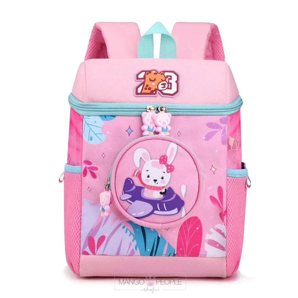 Cartoon Jungle Animal Design School Bags With Slip Over Buckle For Kindergarten Kids Pink Backpack