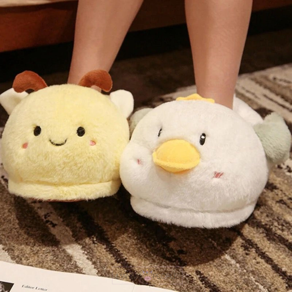 Cute Animal And Bird Design Winter Warm Plush Slippers- Duck Bee Slippers
