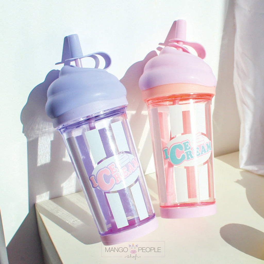 Ice Cream Shape Tumbler Plastic Water Bottle With Straw - 500Ml