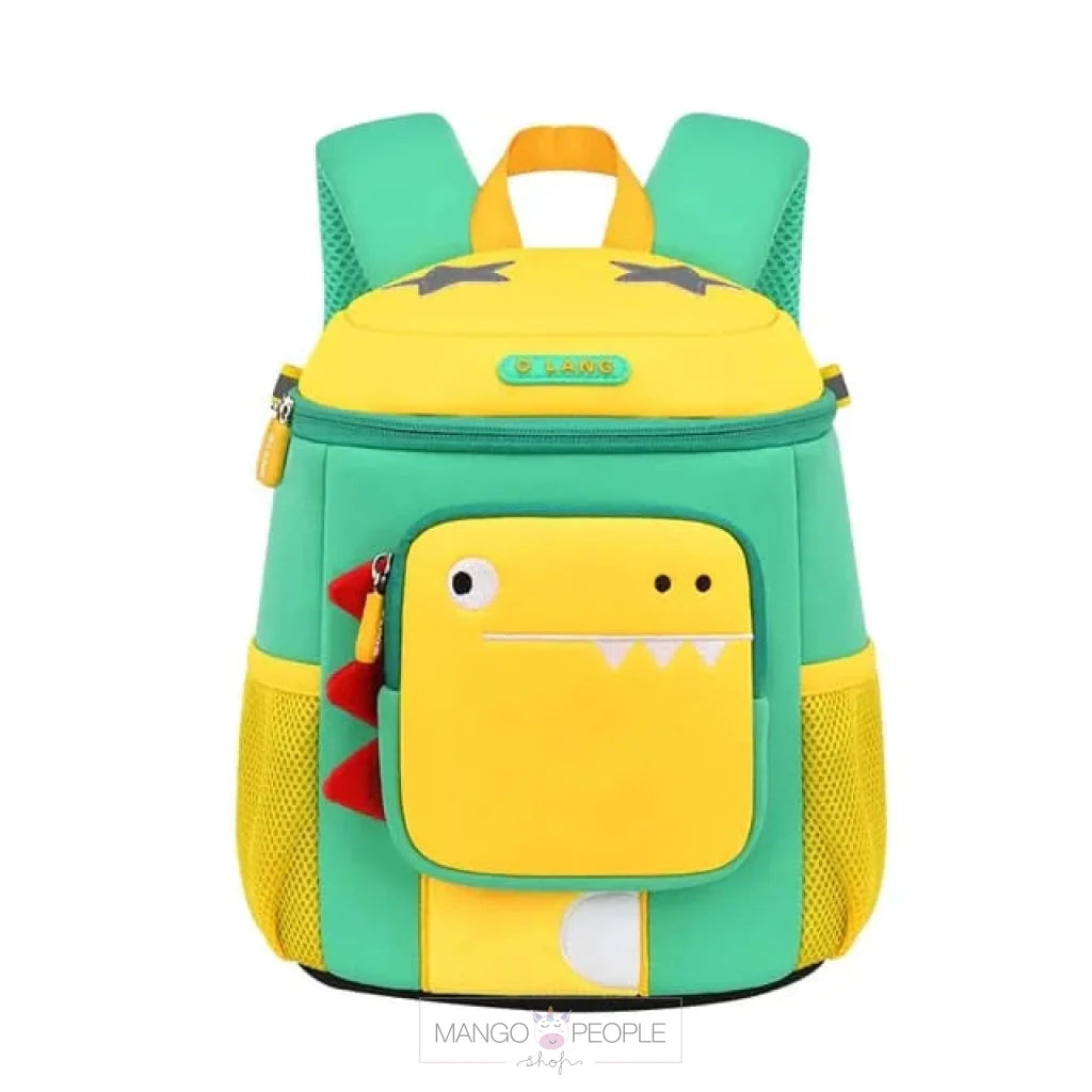 Dino Design Large Capacity School Bags With Slip Over Buckle For Kindergarten Kids Green Cartoon