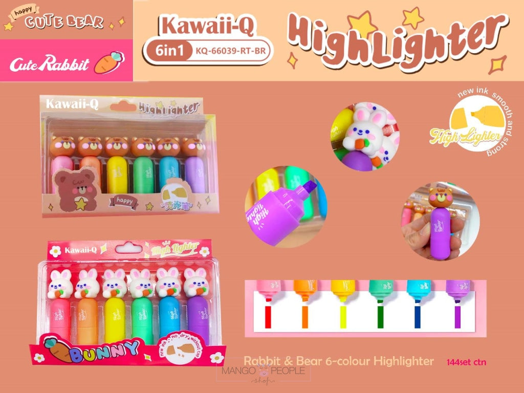 Unique Rabbit And Bear Design Set Of 6-Multicolor Highlighter / Marker Pen Markers Highlighters